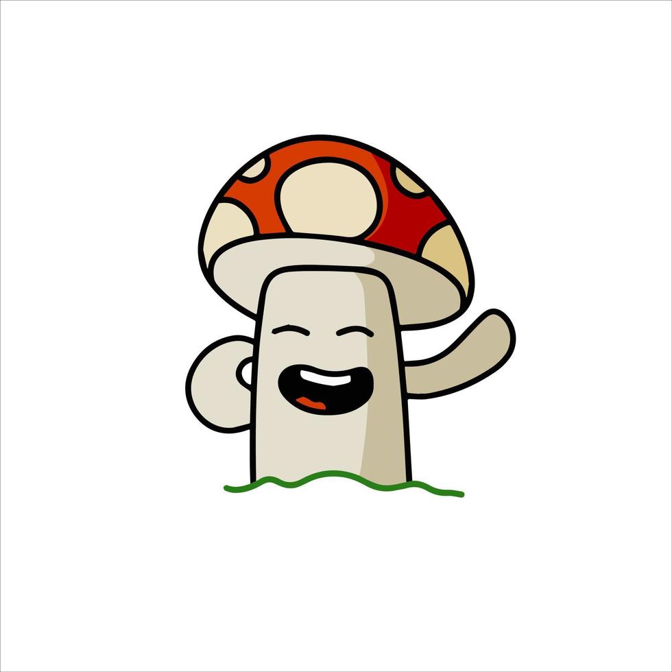 Mushroom character. Funny children drawing with red cap. Cute outline cartoon vector