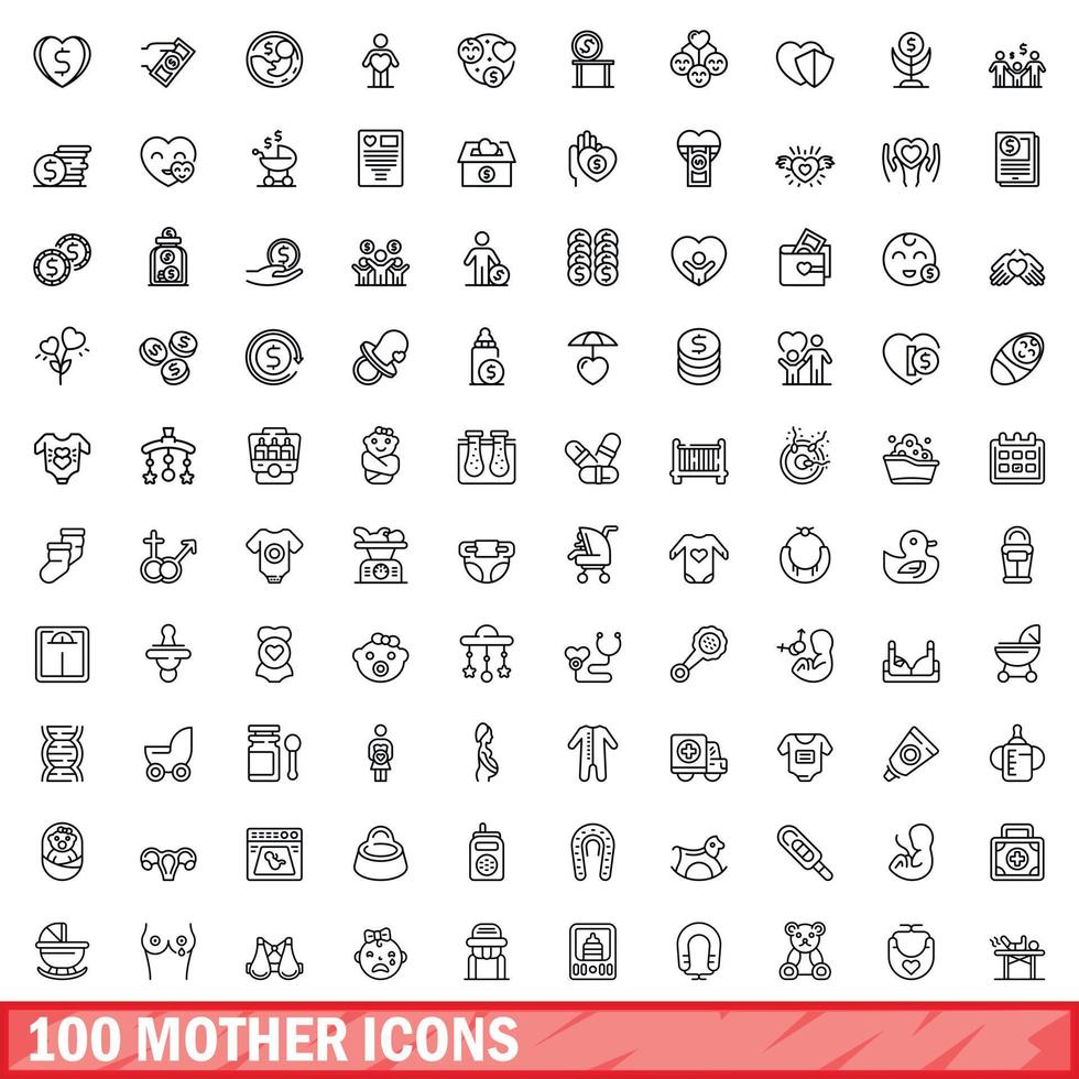 100 iconos de madre establecidos, estilo de esquema vector