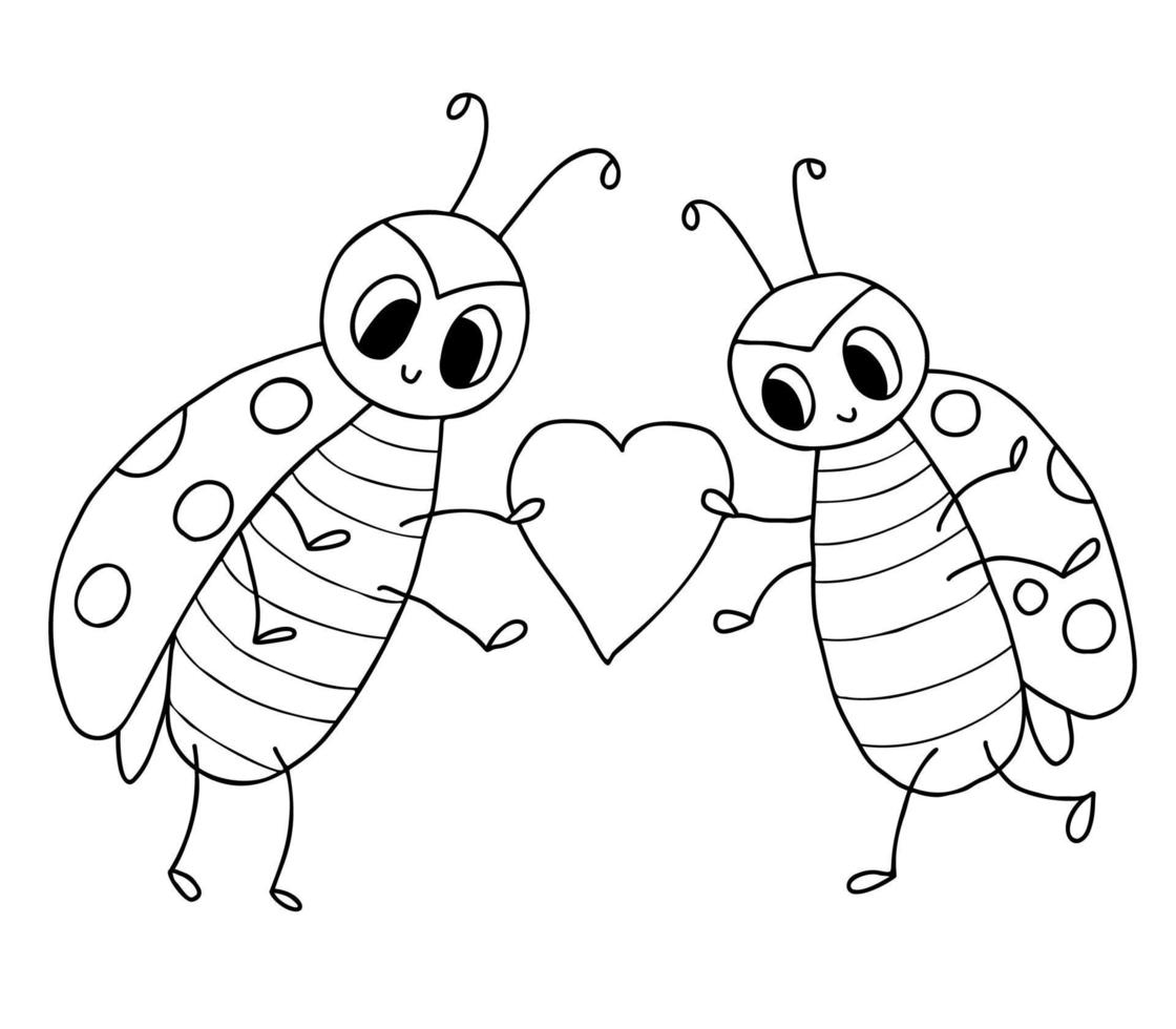 Cute ladybug. Loving couple of insects with heart. Vector illustration. Outline drawing. doodle ladybird character.