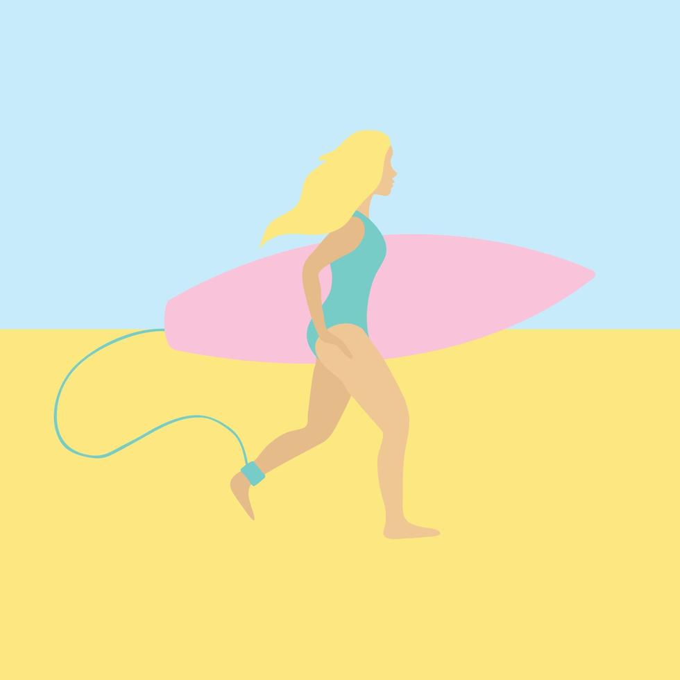 Vector flat surfer girl with pink surfboard