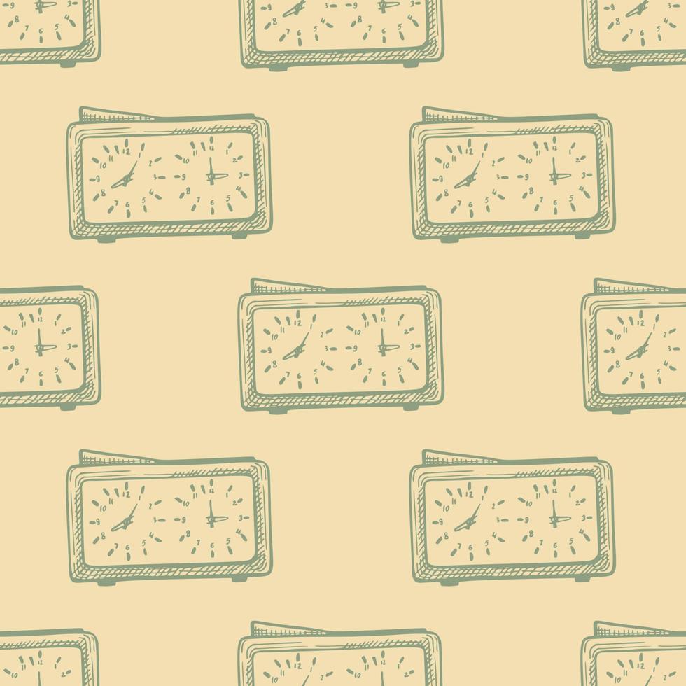 Chess clock engraved seamless pattern. Retro watch for chess game in hand drawn style. Sketch texture for fabric, wallpaper, textile, print, title, wrapping paper. Vector illustration.