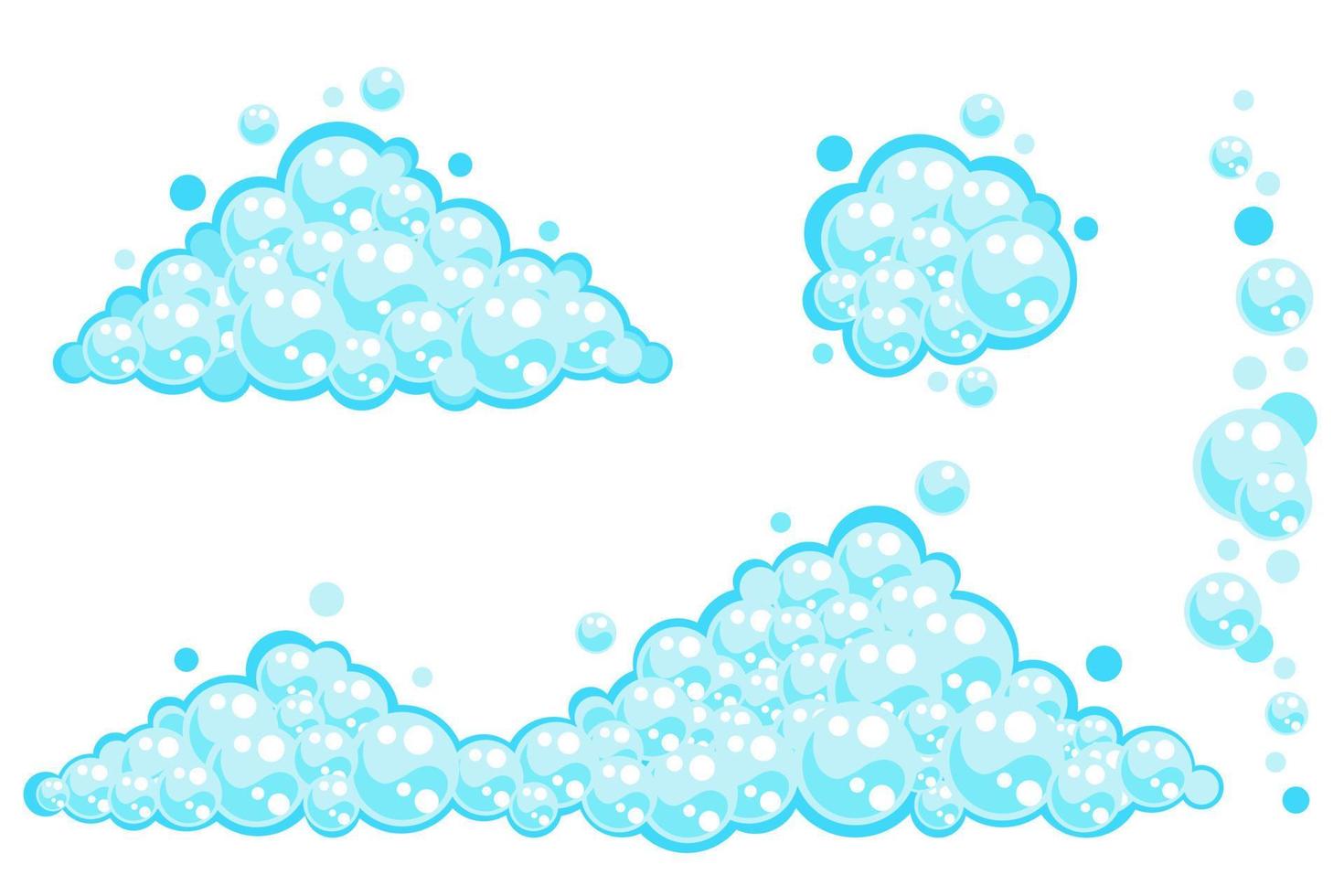 Soap foam set with bubbles. Carton light blue suds of bath water, shampoo, shaving, mousse. Vector illustration isolated on white background.