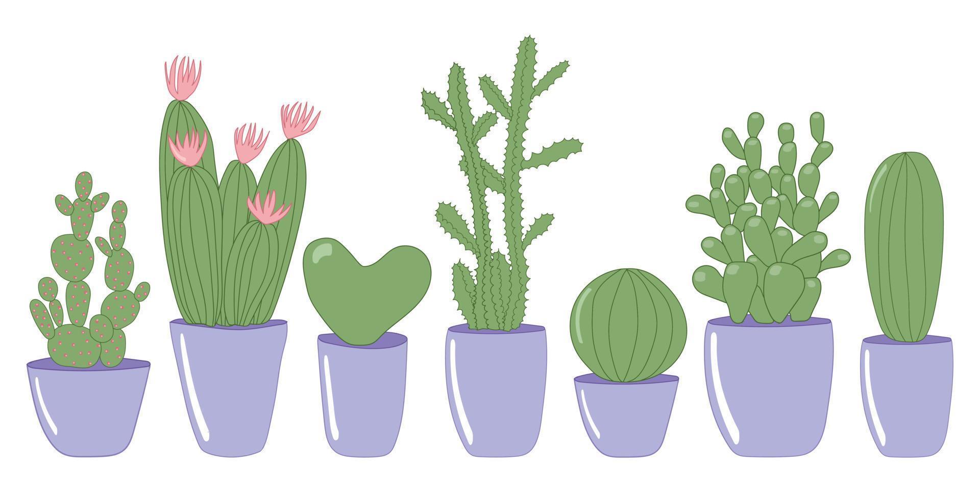 Big vector set different kinds of cactuses in pots. Home plants in pots isolated on white background. Round cactus, heart cactus, cactus with pink flowers, sharp cactus.