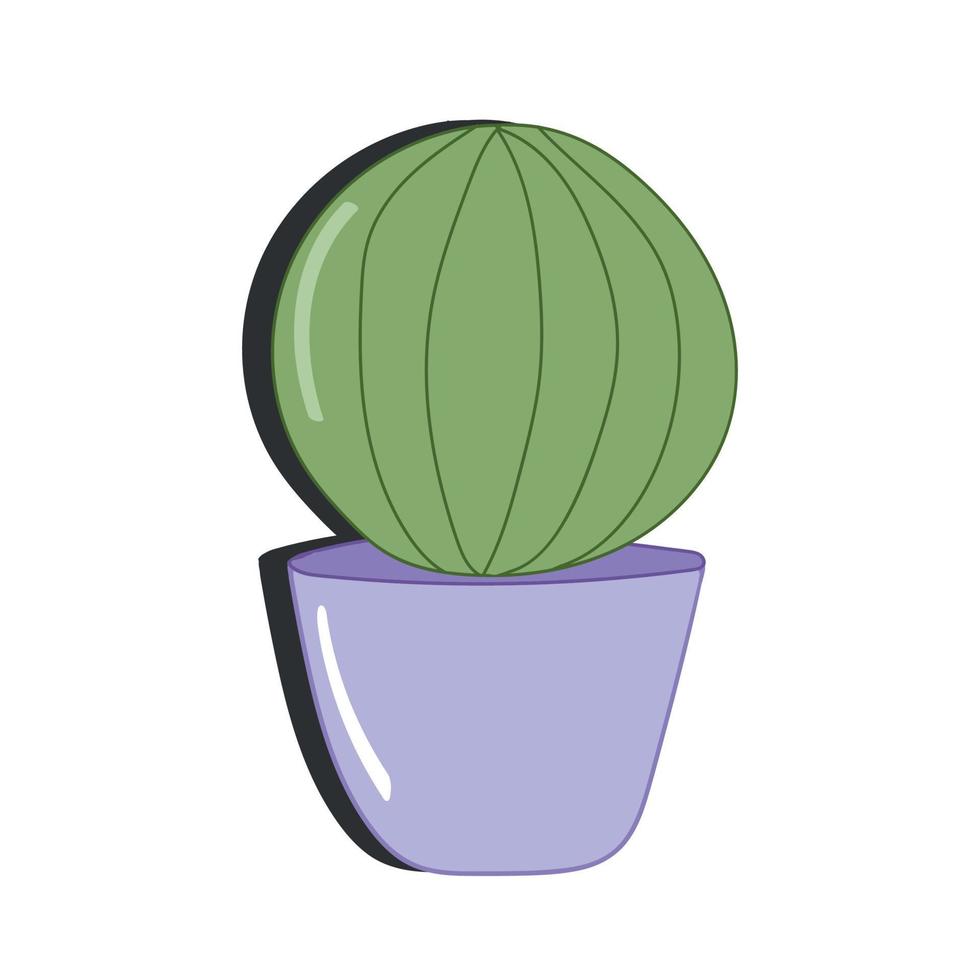 Vector doodle illustration. Green cactus in purple pot isolated on white background. Cartoon flat style. For decoration, stickers.