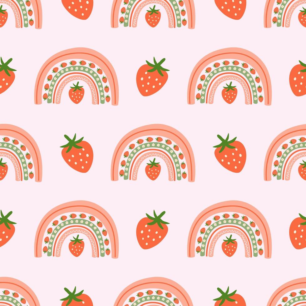 Strawberry seamless pattern. Cute summer berries simple hand drawn illustration. Strawberry print, pink summer fruits fabric, wrapping paper, vector berry background.