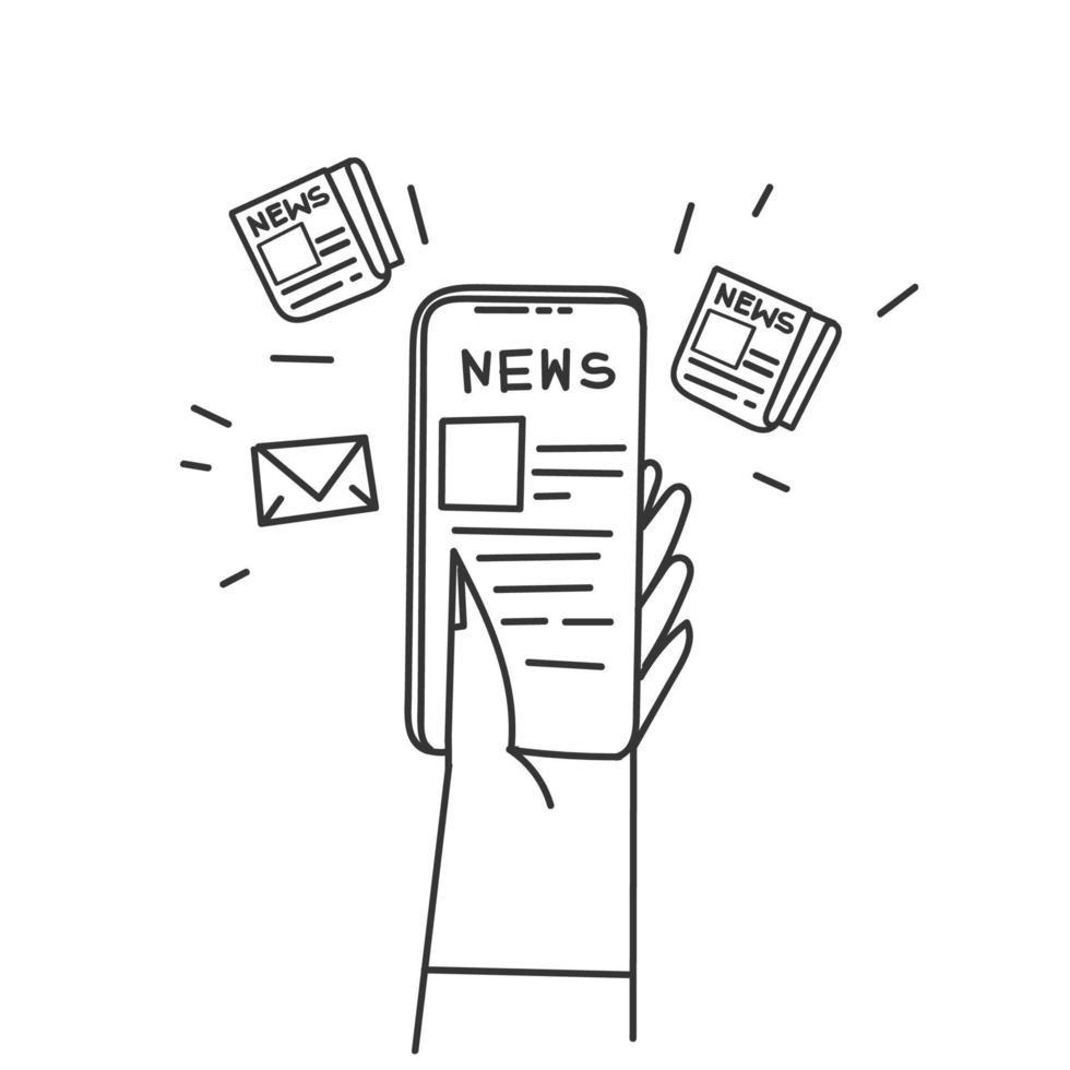 hand drawn doodle reading news on mobile phone illustration vector