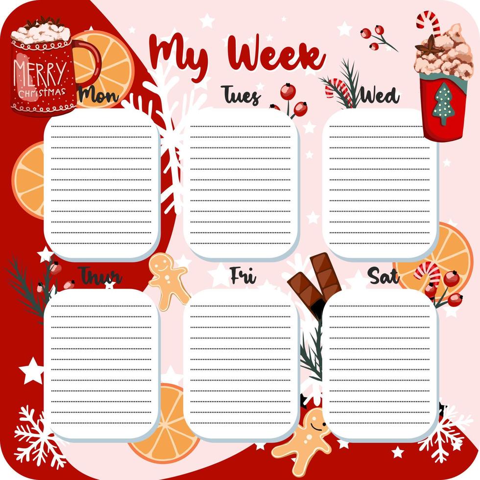 January monthly planner, weekly planner, habit tracker template and example. Template for agenda, schedule, planners, checklists, bullet journal, notebook and other stationery. Christmas cocoa theme vector