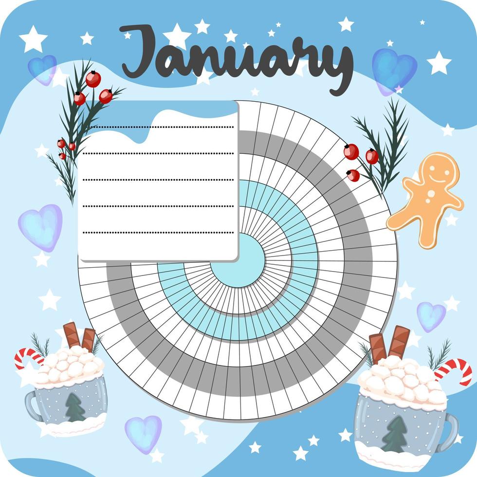 January monthly planner, weekly planner, habit tracker template and example. Template for agenda, schedule, planners, checklists, bullet journal, notebook and other stationery. Christmas cocoa theme vector