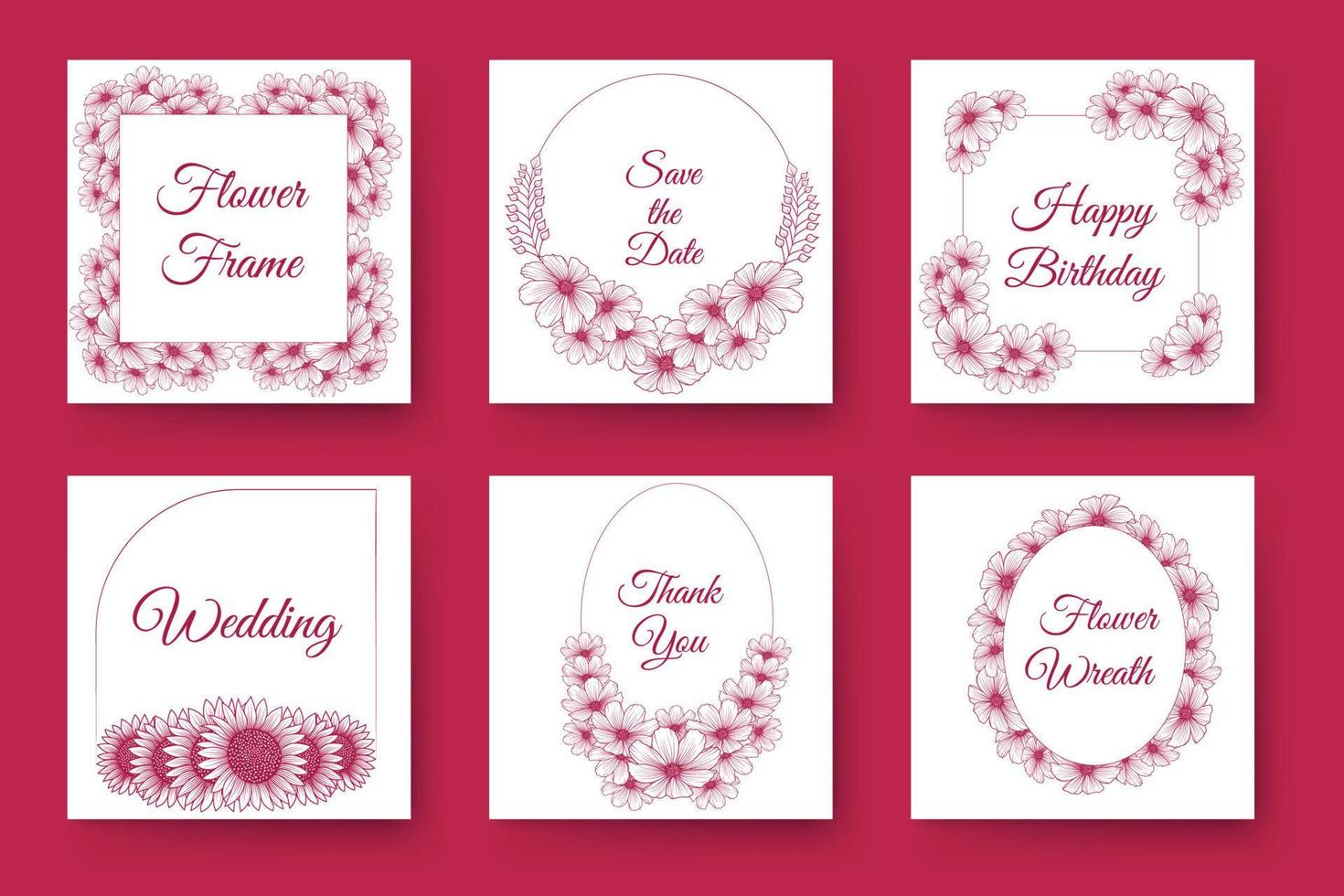 flowers and floral wreath wedding invitation frame design with elegant viva magenta backgrounds vector