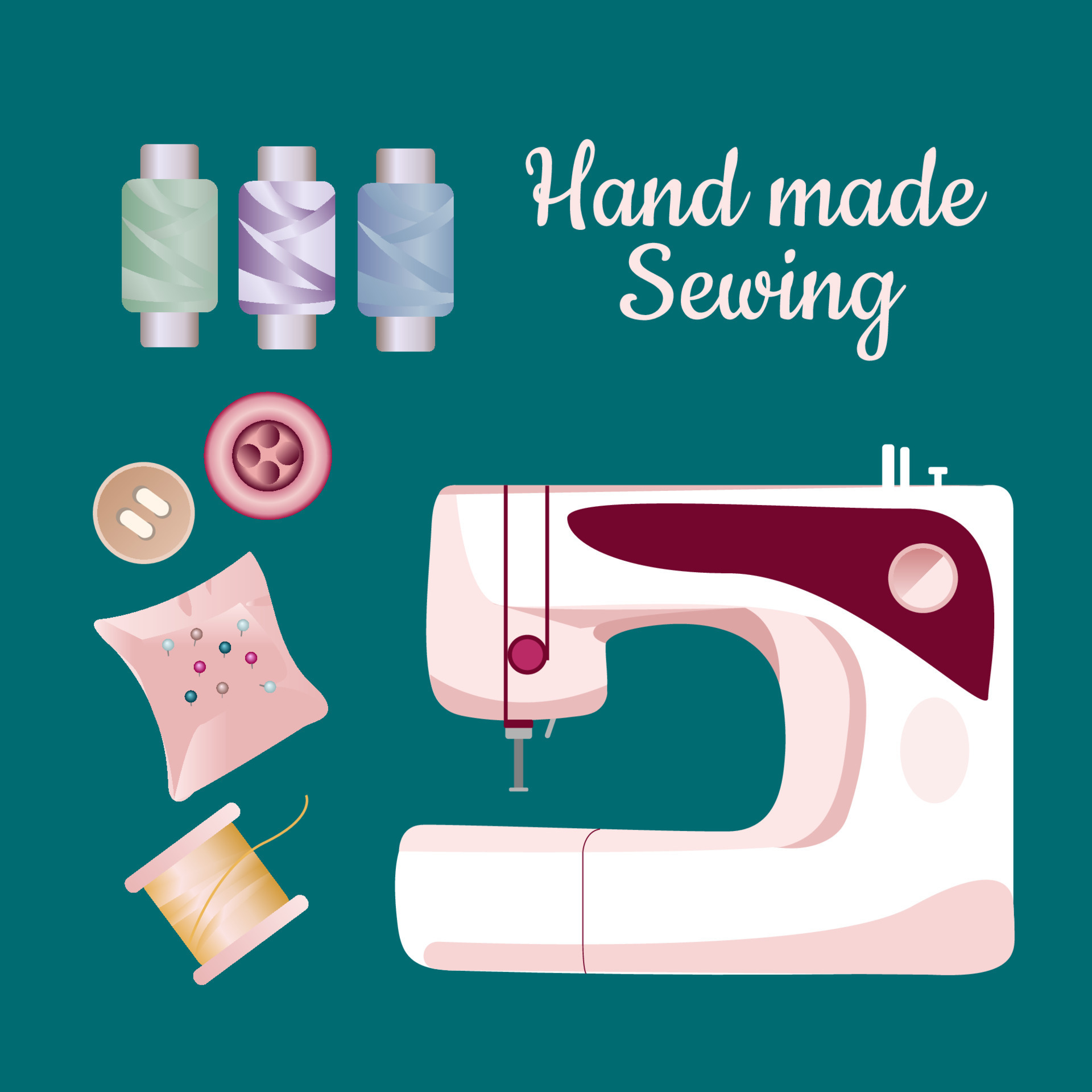 Needlework tools set. Handmade Kit sewing machine, iron, scissors