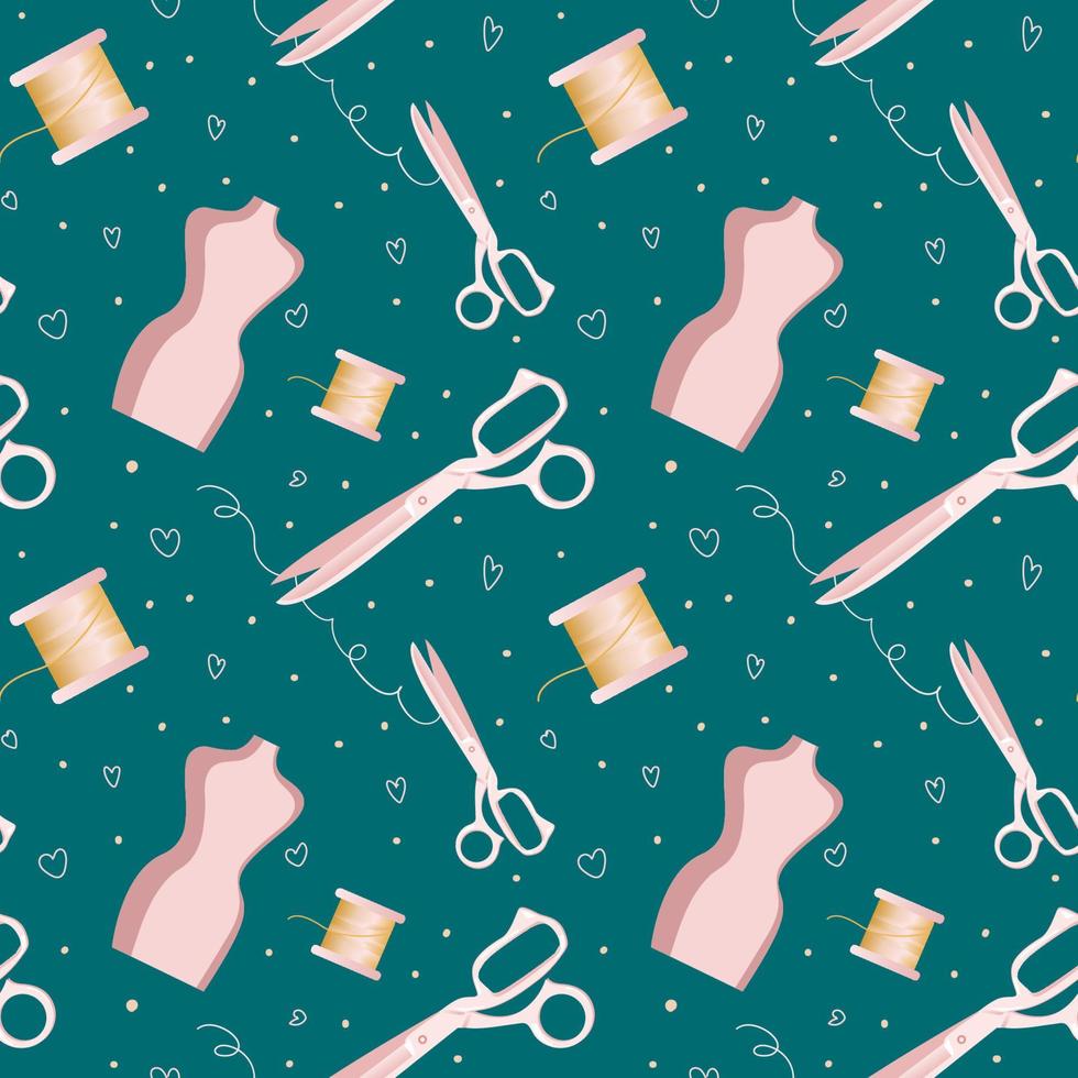 Seamless pattern of supplies and tools for sewing, on blue. Scissors, pins, threads, needles, measuring meter, fabric pencil, fabric samples, pin, spool, thimble, ripper. Sewing hobby concept. vector