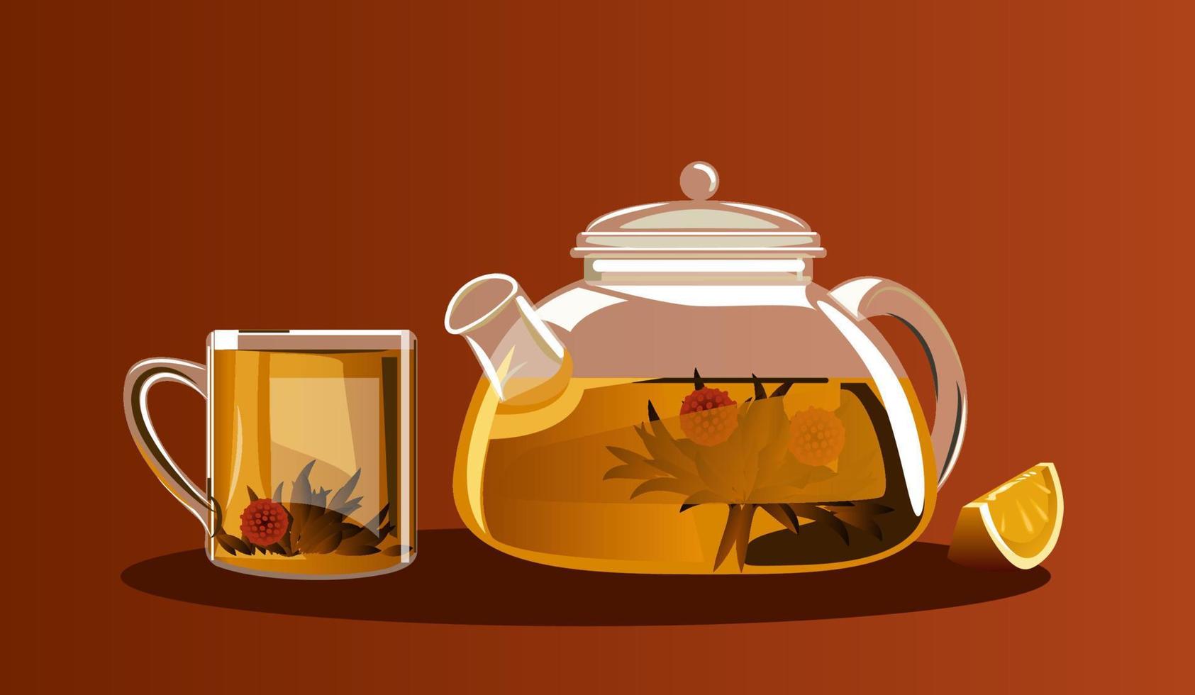 Tea with lemon, brewed tea in a kettle, tea party, brewed tea, teapot with a cup. Vector illustration.