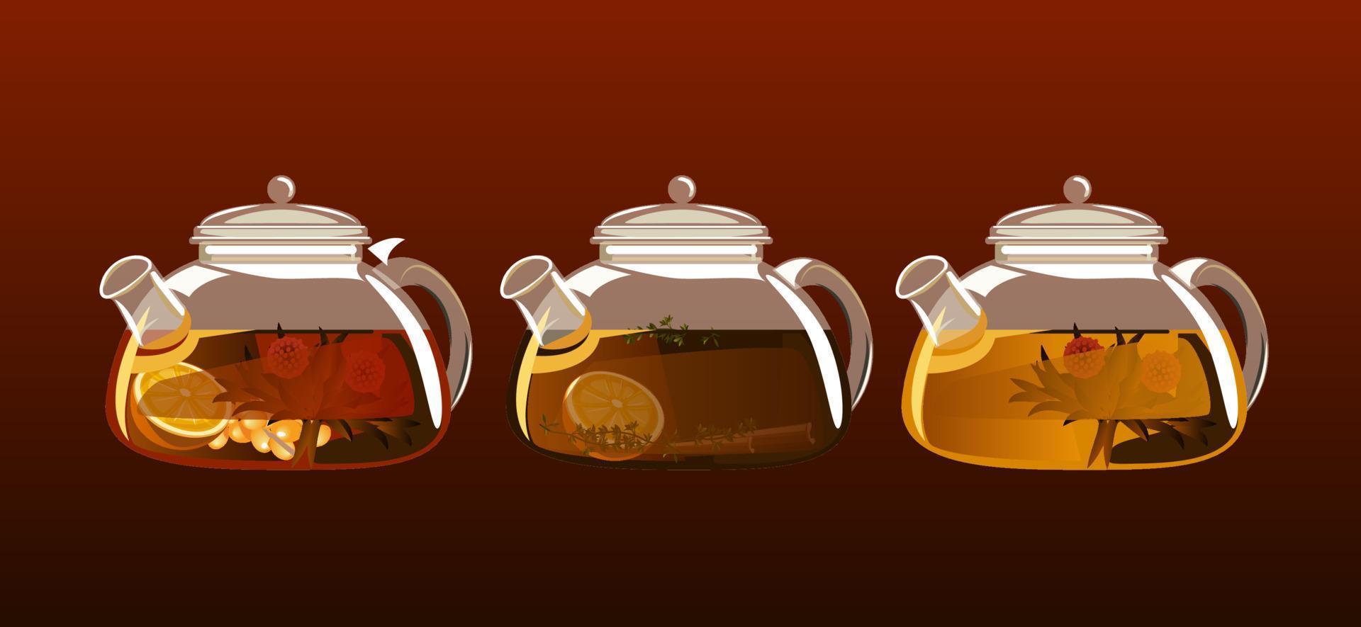 Kettle with the tea set. Exotic green tea with flowers in glass teapot. Vector illustration.