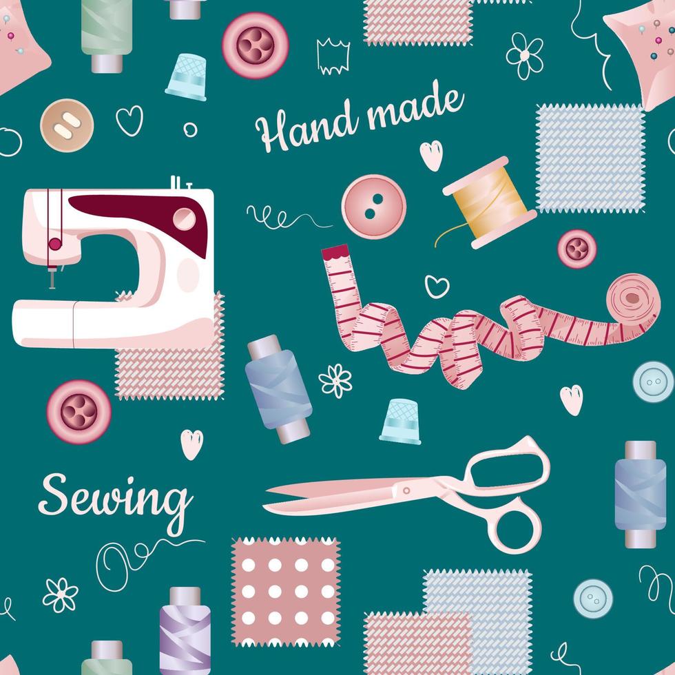 Seamless pattern of supplies and tools for sewing, on blue. Scissors, pins, threads, needles, measuring meter, fabric pencil, fabric samples, pin, spool, thimble, pin, ripper. Sewing hobby concept. vector