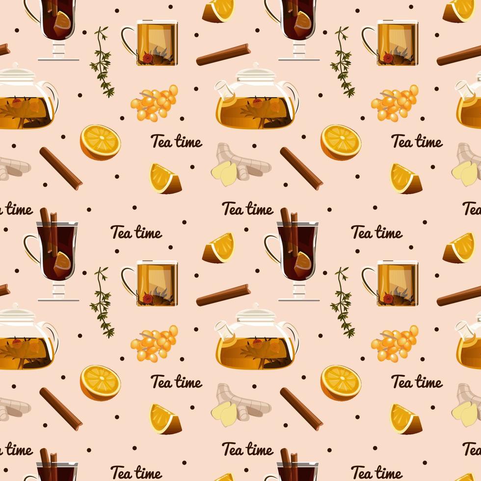 Spicy tea pattern. Spiced tea seamless background. Cartoon cinnamon, ginger, black paper, cardamon, clove and sea buckthorn. Packaging, menu design, and interior decorating. Vector illustration.