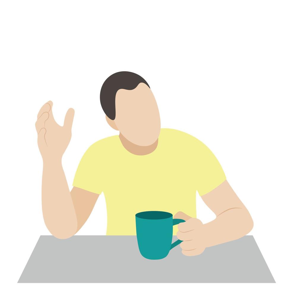 retrato de un tipo sociable con una taza en la mano en la mesa, vector plano, aislado en blanco, ilustración sin rostro, pausa para el café