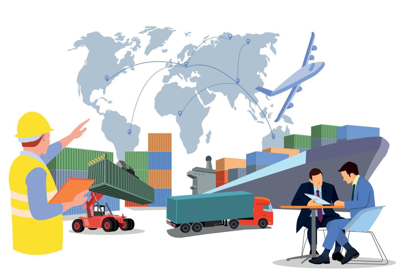 Logistics and shipping of container truck at ship port for business Container Cargo ship and cargo plane with crane bridge working at shipyard at sunrise, logistics import export and shipping vector