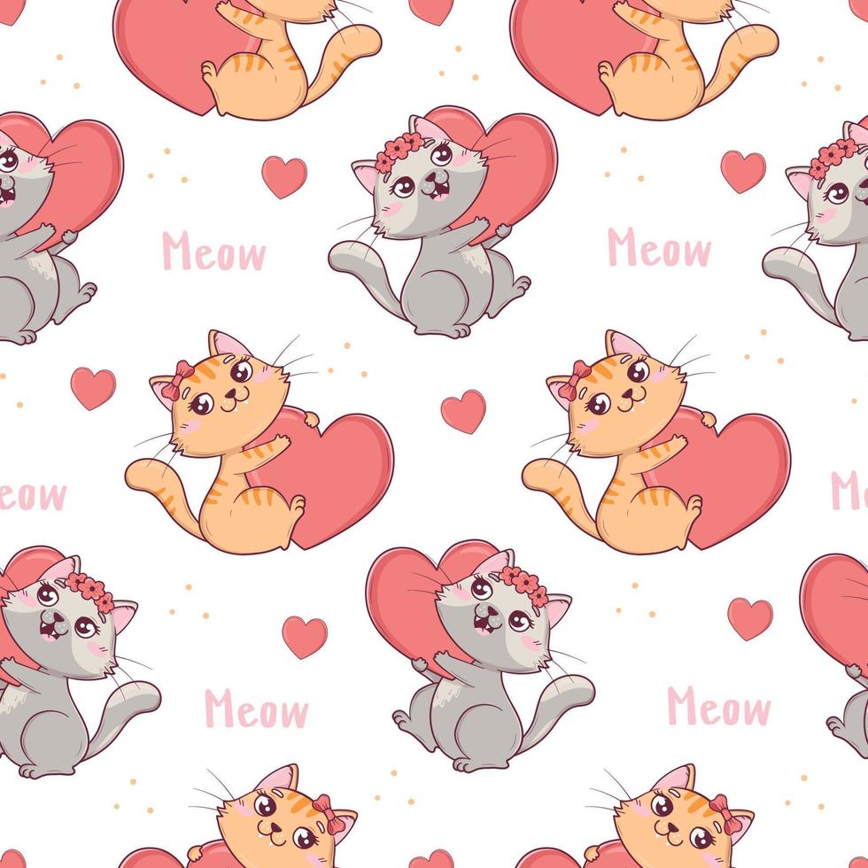 Seamless pattern with kawaii cute valentine cats with hearts and flowers for valentine's day vector