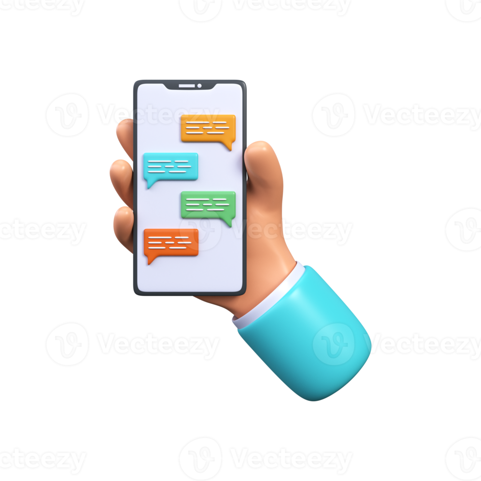 3d illustration of a chat on a mobile phone. Hand with smartphone and speech chatting. SMS exchange png