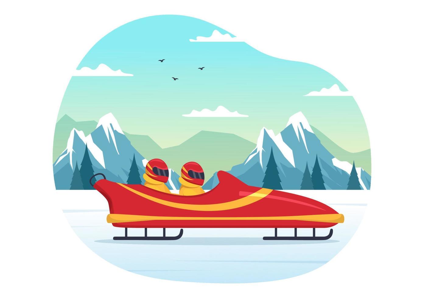 atleta montando trineo bobsleigh ilustración con nieve, hielo y pista de trineo para la competencia en actividades deportivas de invierno dibujos animados planos plantillas dibujadas a mano vector