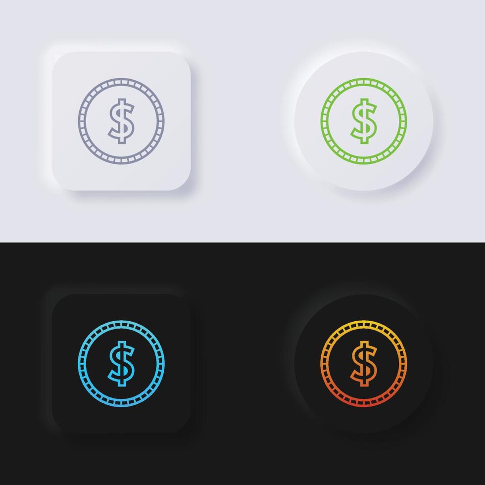 Dollar currency symbol coin button icon set, Multicolor neumorphism