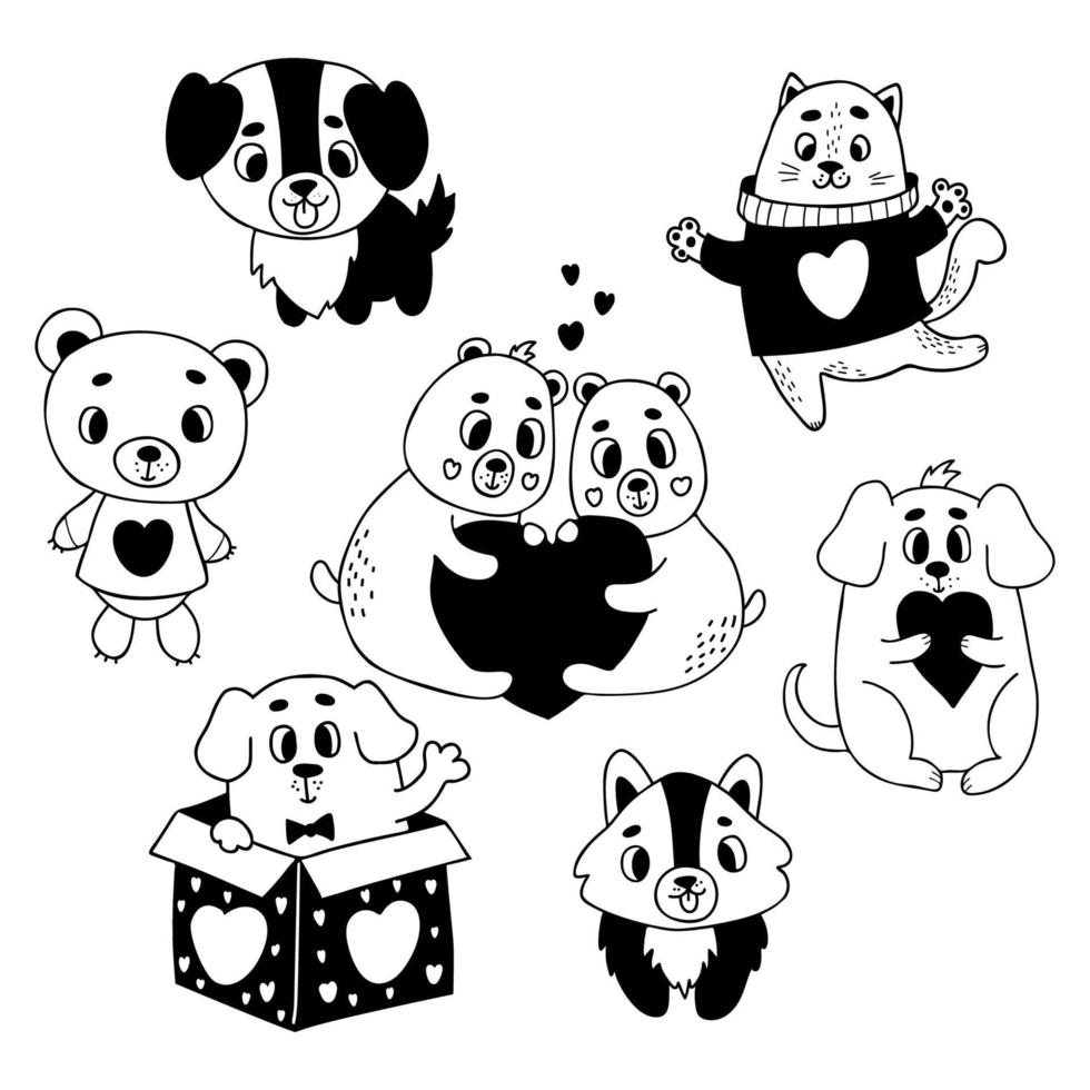 Collection love animals. Cute puppies, dog in box, funny cat and romantic couple bears with heart. Vector illustration. Isolated doodle for design and decor of valentines, postcards, printing.