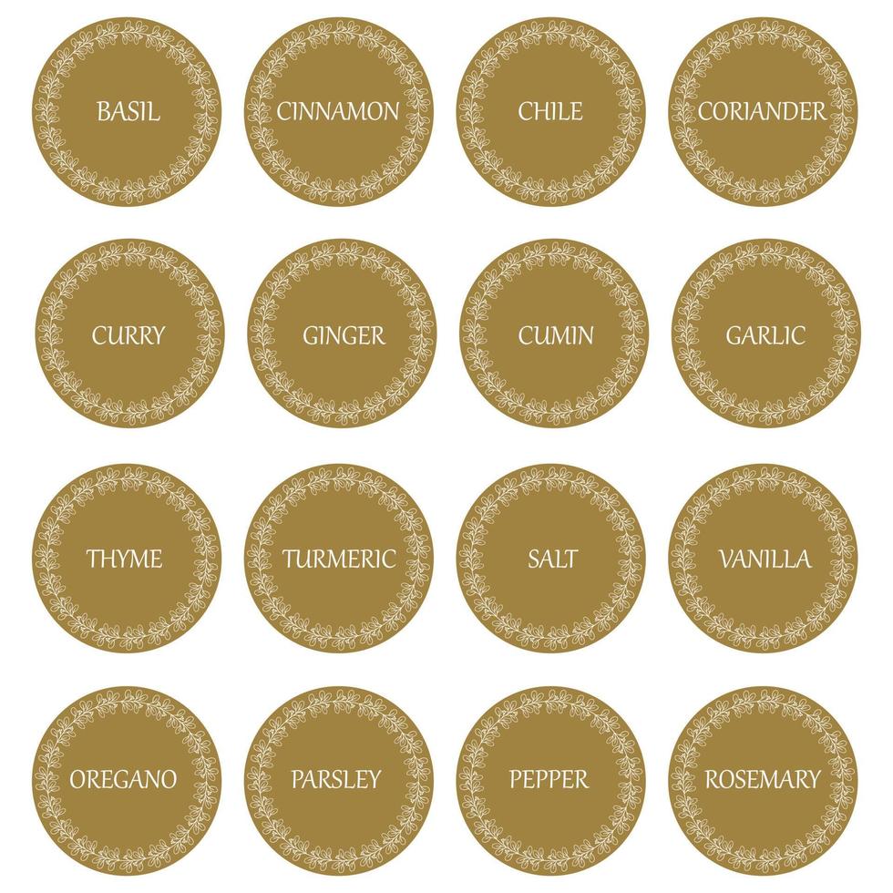 Cardboard food labels or stickers. It can be used for marking kitchen food containers with spices. Labels, stickers, craft decals, floral frame and spice name in English vector