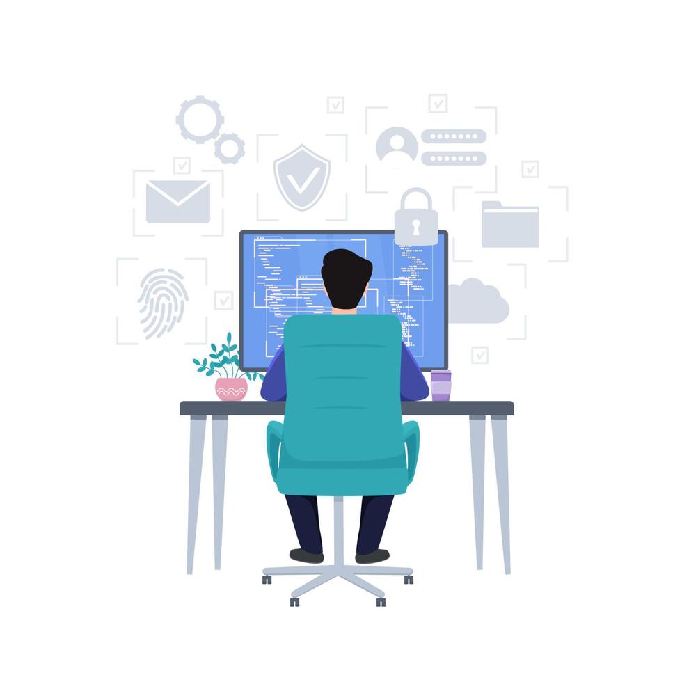 A man sits at a computer, view from the back, work at the monitors, analytical activities. Cyber security, trader, concept. vector