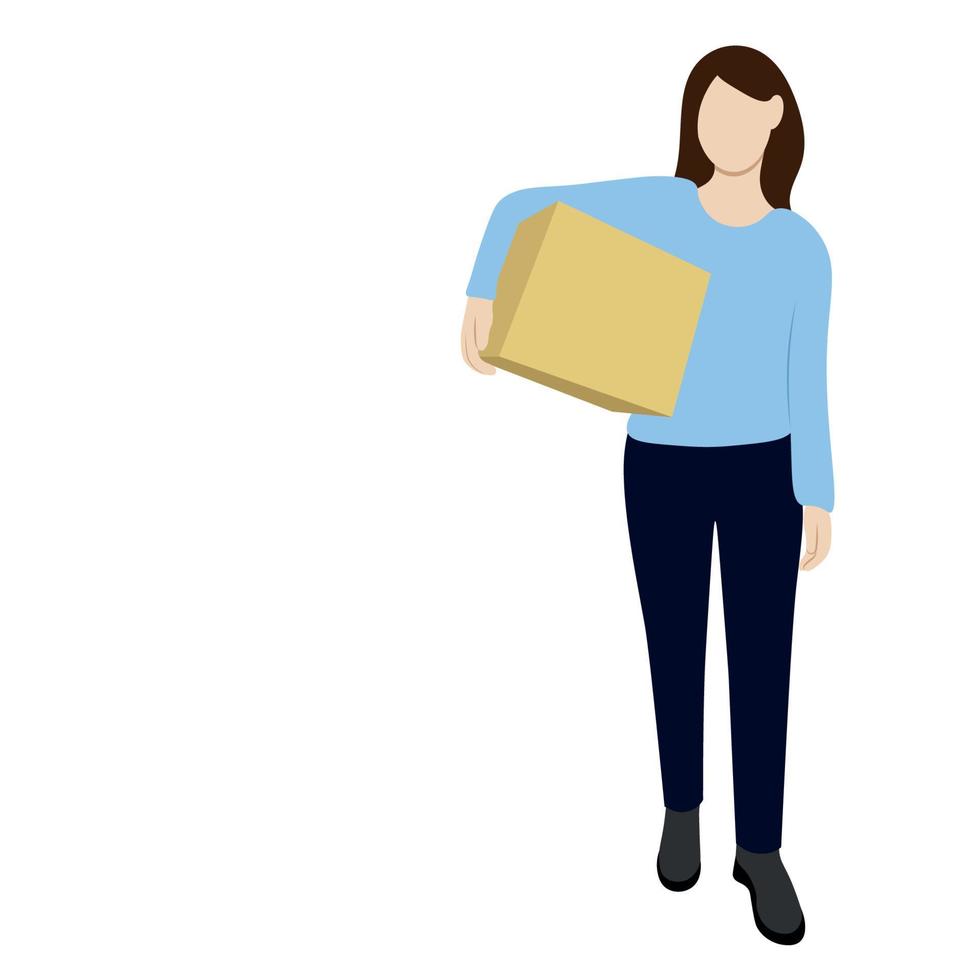 niña sosteniendo una caja grande con una mano, vector plano, aislada en blanco, ilustración sin rostro, entrega, movimiento