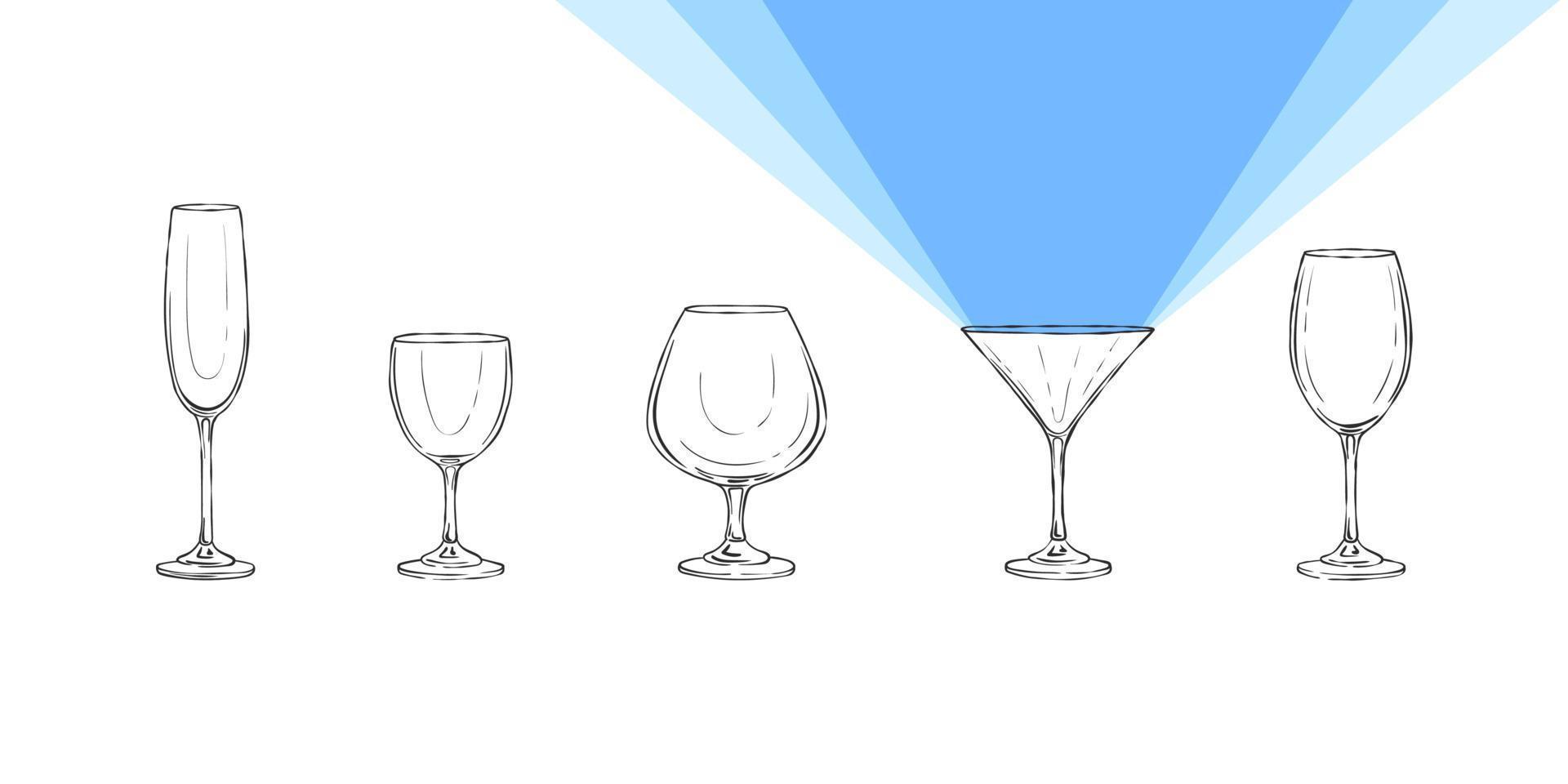 Light from the glass. Glasses drawn by hand with a beam of light. Vector illustration