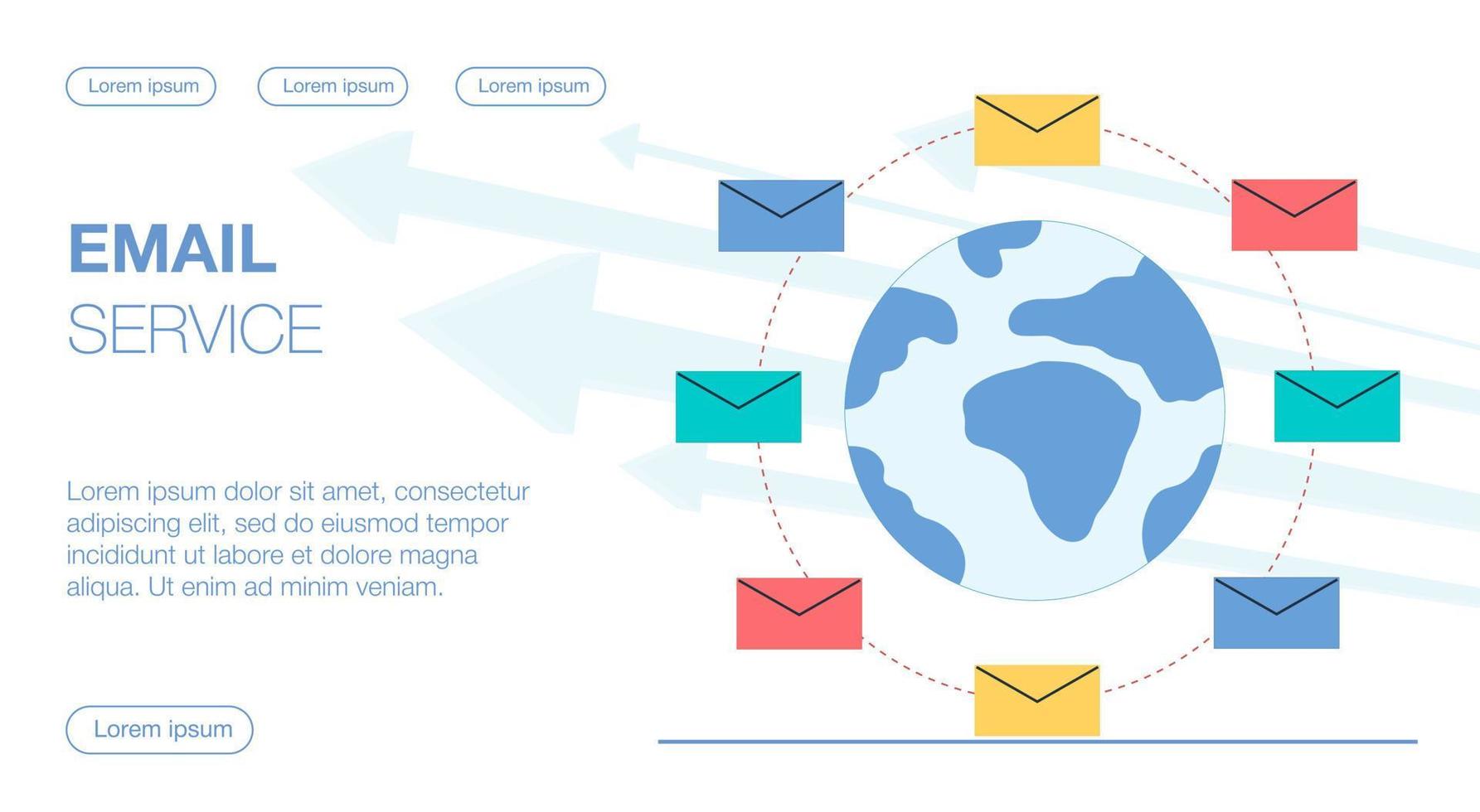 synchronization of email exchanges to emailservice messaging service in the center of planet earth vector flat illustration