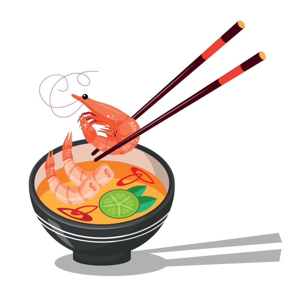 Asian Food. Soup Tom Yum, Traditional, Spicy Asian Soup. Close-up Of A Plate Of Food And Chopsticks vector