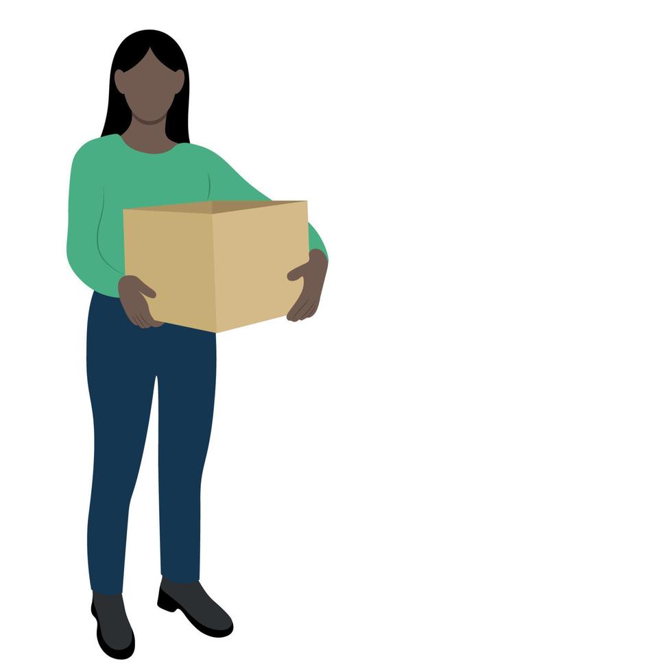 una chica negra sosteniendo una caja grande con ambas manos, vector plano, aislada en blanco, ilustración sin rostro, entrega, movimiento