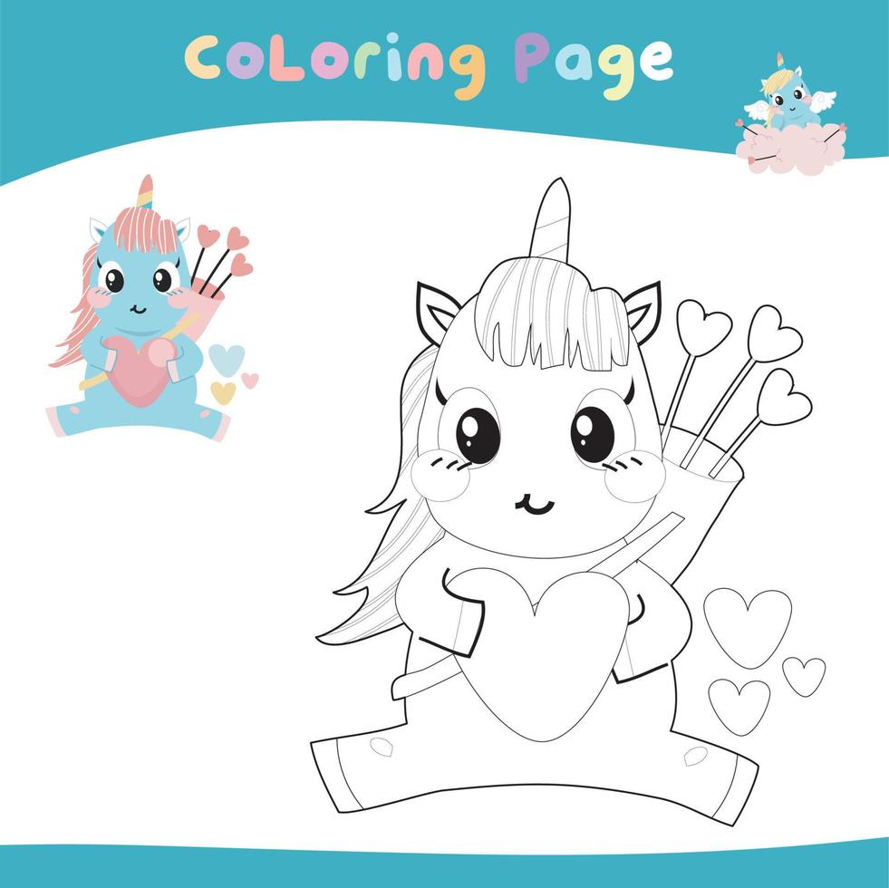 hoja de trabajo educativa imprimible para colorear. linda ilustración de unicornio. contorno vectorial para colorear página. vector