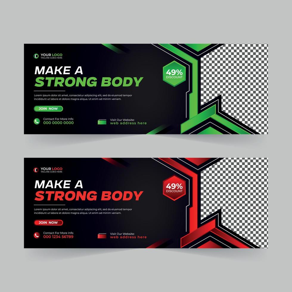 Fitness gym yoga sports workout social media Facebook cover photo and web banner for digital marketing company template vector design