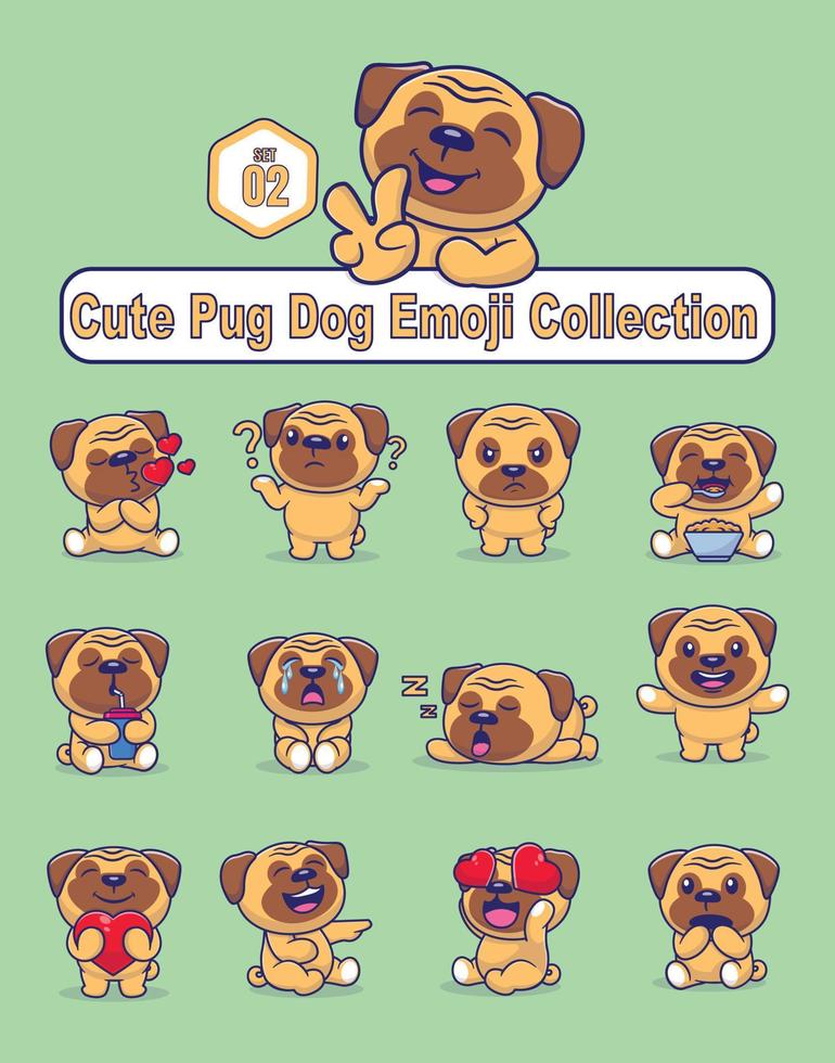 conjunto de lindos personajes de perros pug con diferentes emoticonos vector