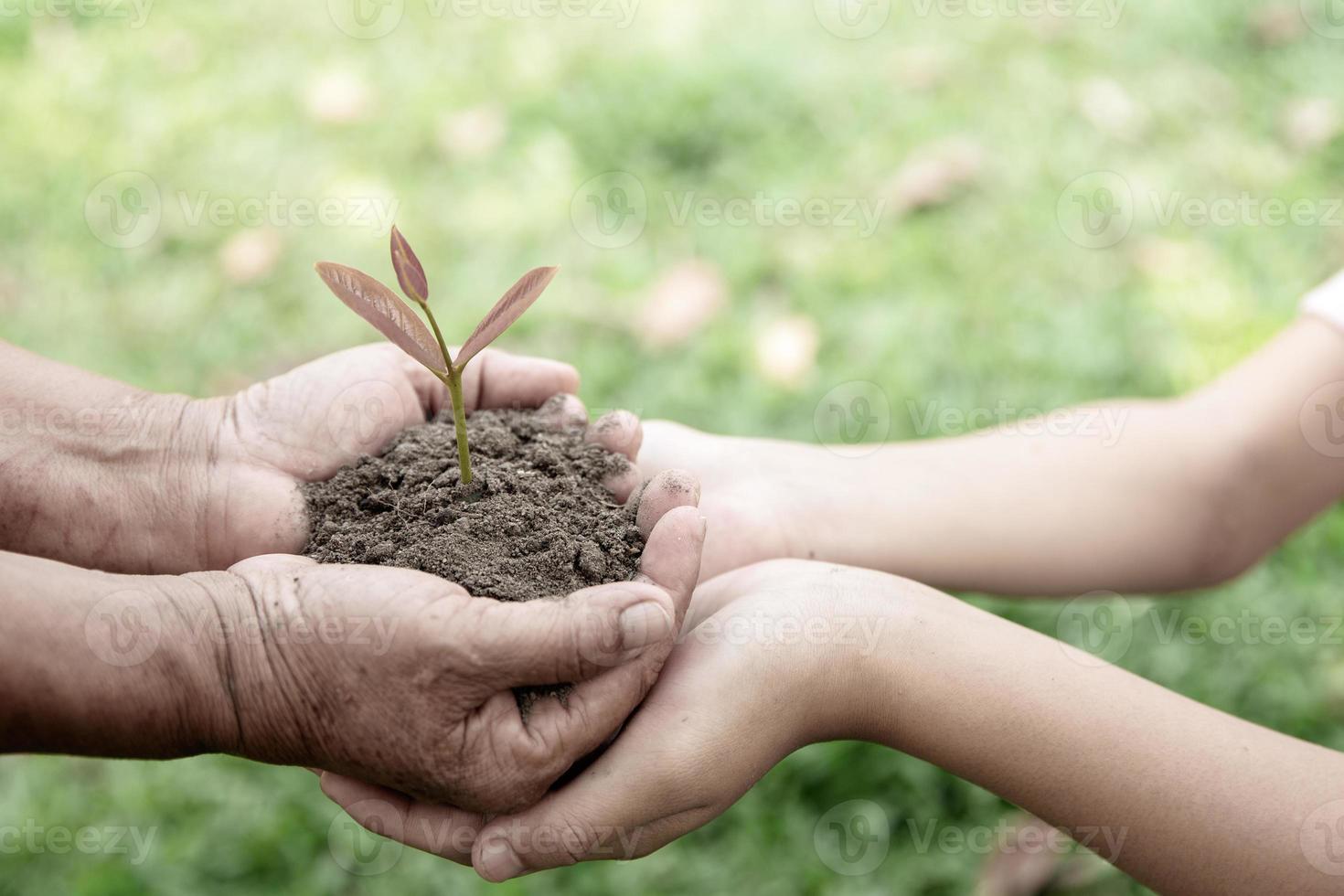 Adults holding a globe and child hand holding a small seedling, plant a tree, reduce global warming, World Environment Day, Vintage tone photo