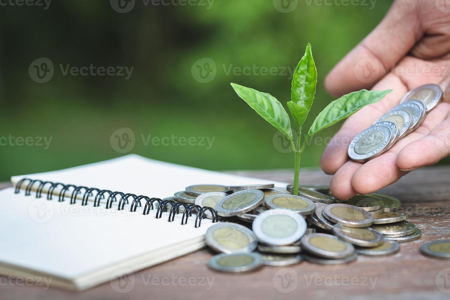 mano dando una moneda a un árbol que crece a partir de una pila de monedas. planta que crece en dinero de monedas de ahorro. contabilidad financiera, concepto de inversión. foto