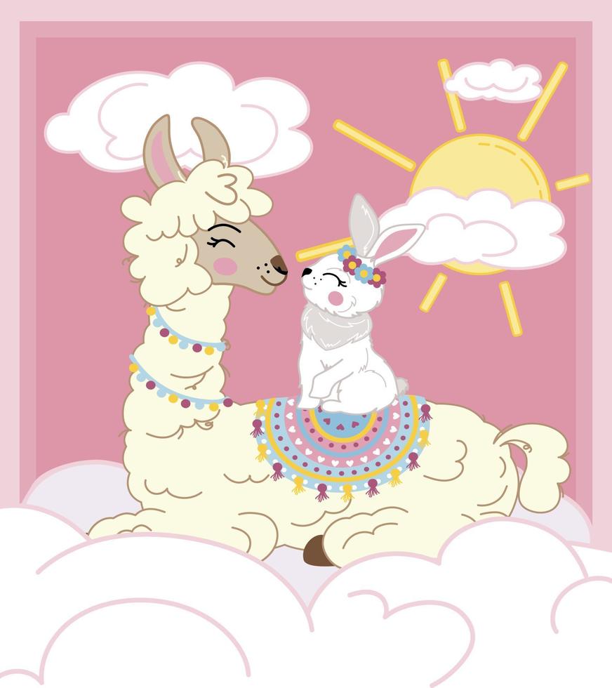 cute illustration of a llama with a rabbit on a cloud against the backdrop of the rising sun vector