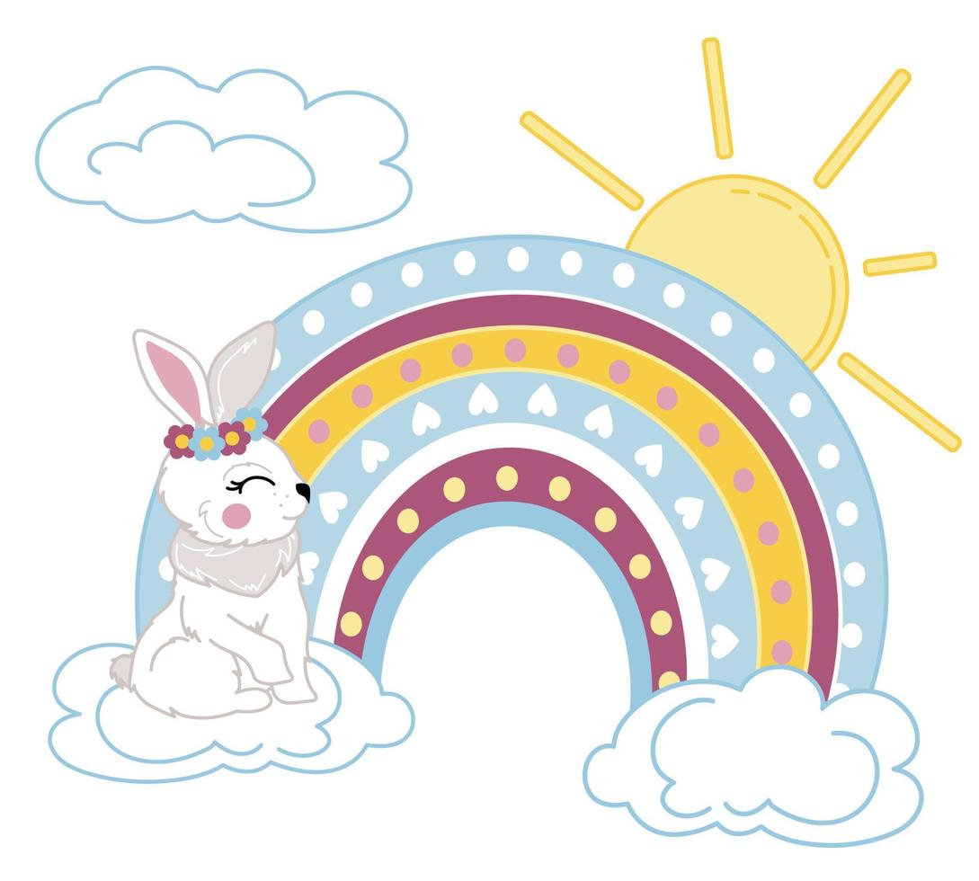 stylized rainbow with a hare on the clouds against the backdrop of the sun. baby vector illustration