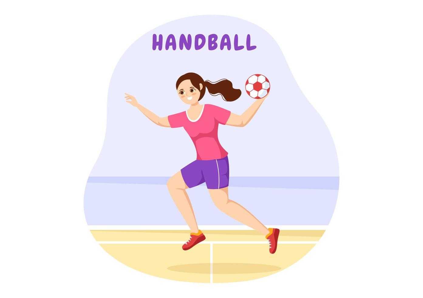 ilustración de balonmano de un jugador que toca la pelota con la mano y marca un gol en una plantilla de dibujo a mano de caricatura plana de competencia deportiva vector