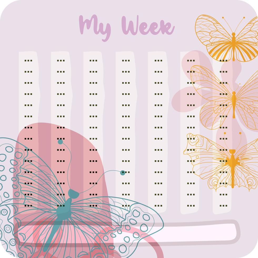 Bullet journal coloured School timetable with FLOWER AND BUTTERFLY themes. Week days, months, planner, habit tracker vector