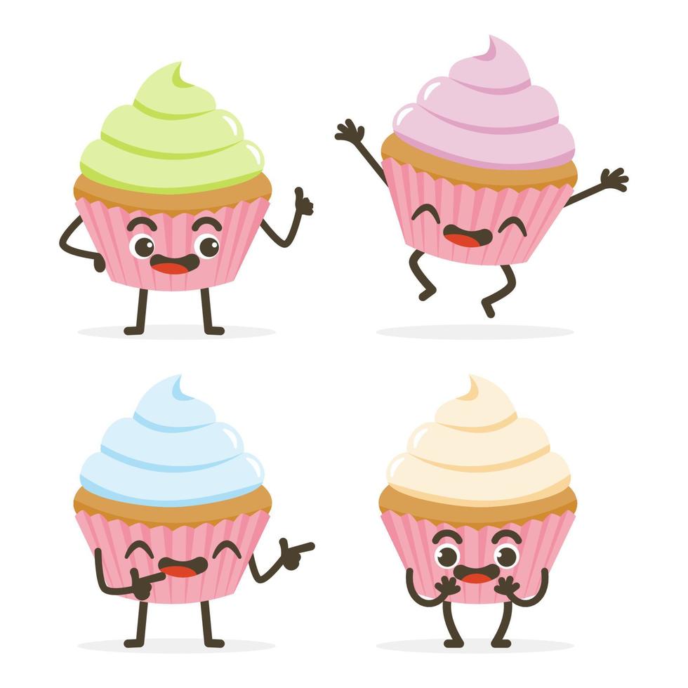 conjunto de lindos personajes de comida de dibujos animados de cupcake aislados en blanco. vector