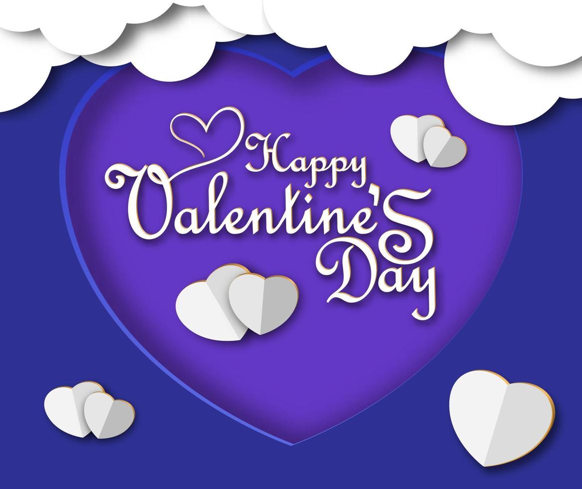 happy valentines day poster. greeting card template isolated on purple background. handwritten typography with love and cloud elements. 3d vector paper cut illustration.