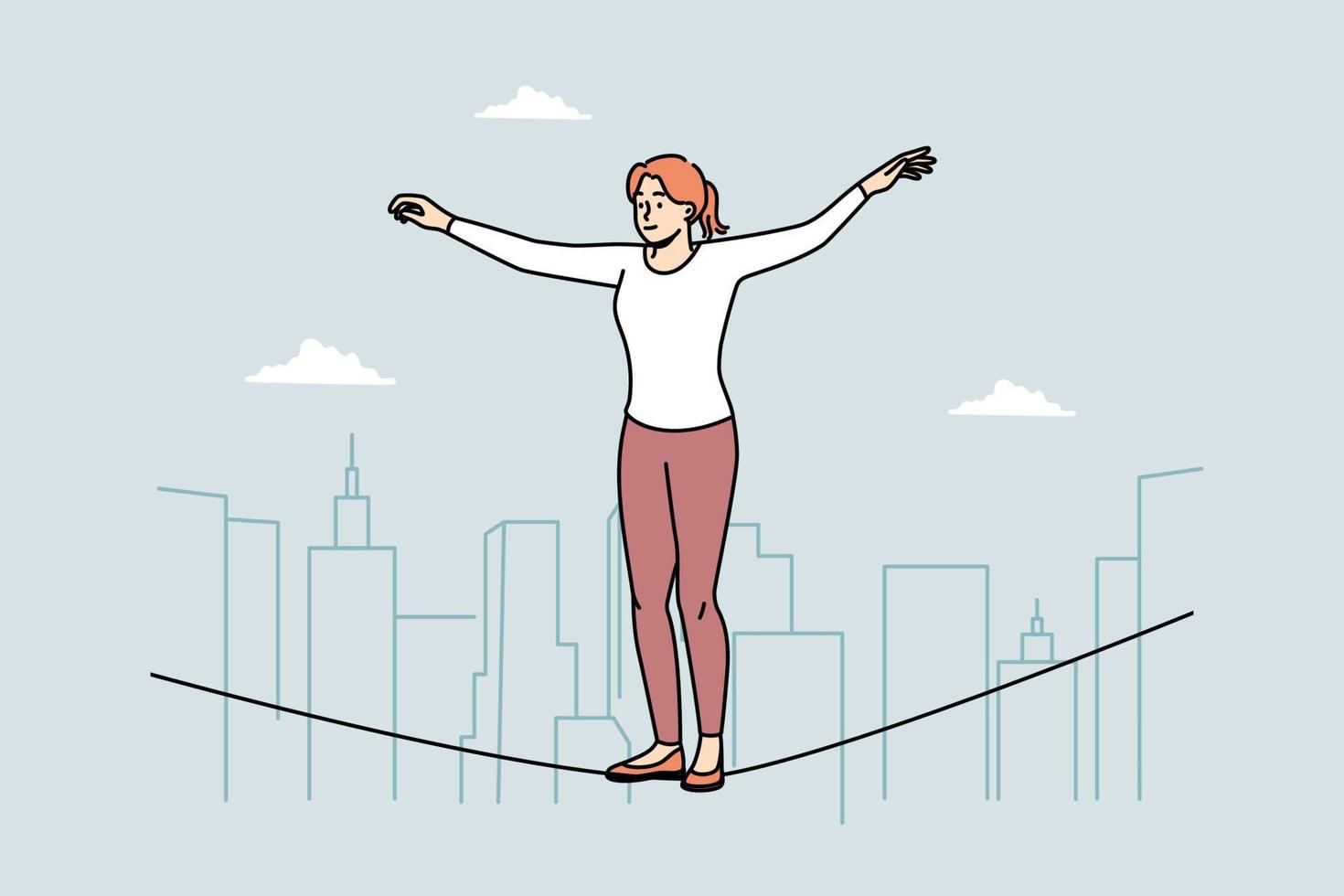 Young woman equilibrist walking on rope in air. Female walker engaged in extreme sportive physical activity. Hobby concept. Vector illustration.