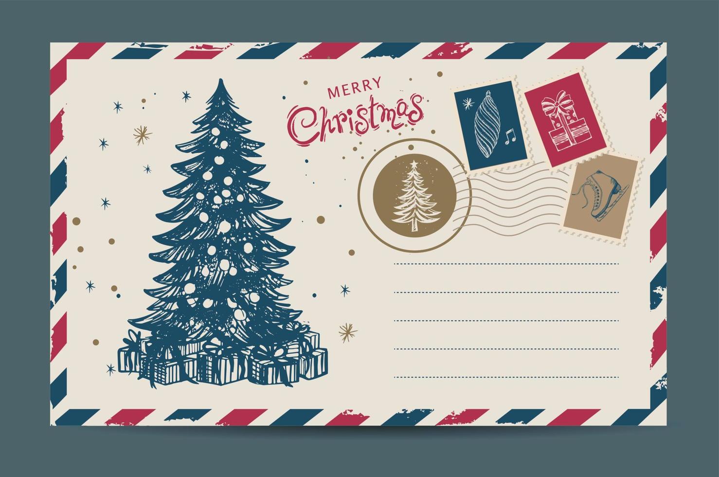 correo de navidad, postal, ilustración dibujada a mano. vector