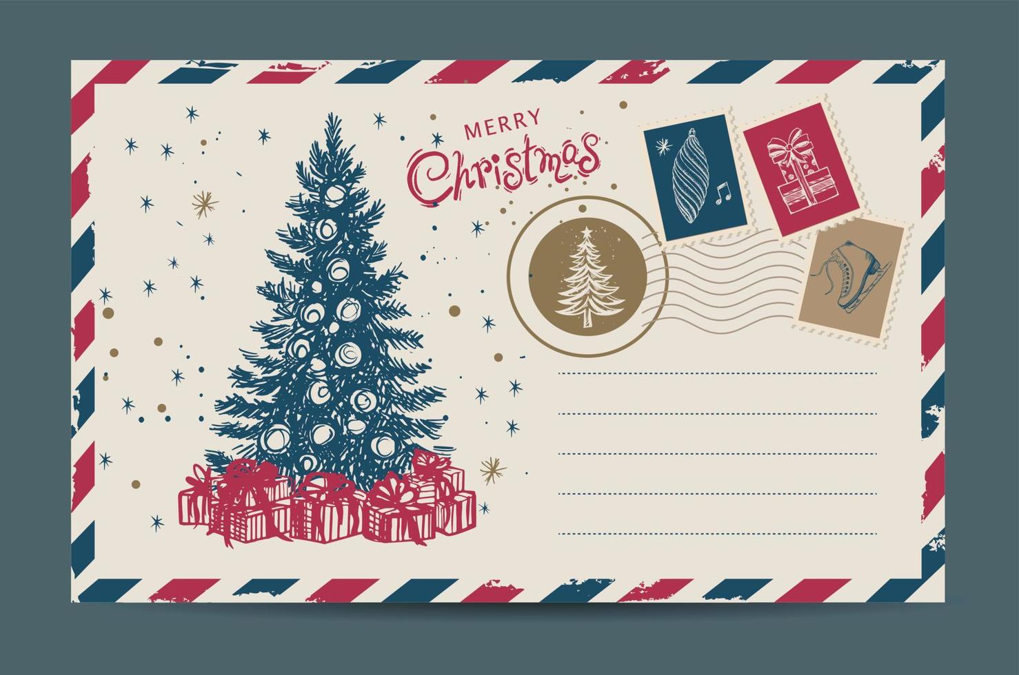 Christmas mail, postcard, hand drawn illustration. vector