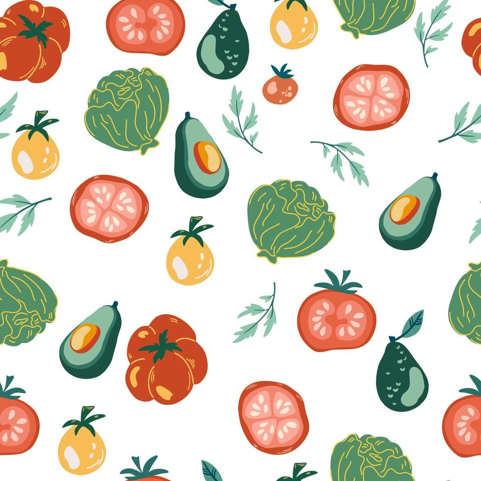 Vegetables seamless pattern. Fresh tomatoes, avocado, cabbage. Healthy nutrition cartoon texture. Organic food scandinavian illustrations. Flat hand drawn Kitchen textile on the white background. vector