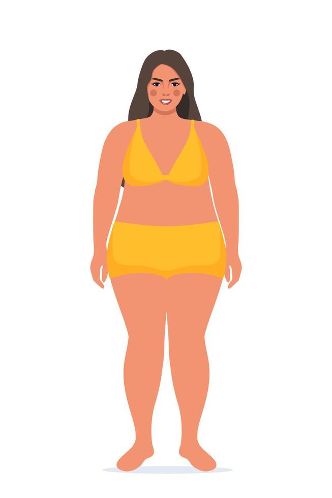 Body positive woman in underwear. Plus size female character. Attractive curvy, overweight girl. Oversize obesity, pretty large lady in beautiful fashionable clothes. Vector illustration.
