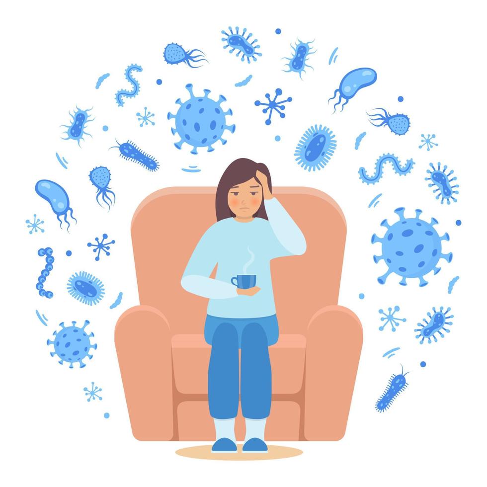 Young woman is sick, has a cold, has a viral infection. Different bacteria, pathogenic microorganisms around her. Bacteria and germs, microorganisms disease-causing. Vector illustration.